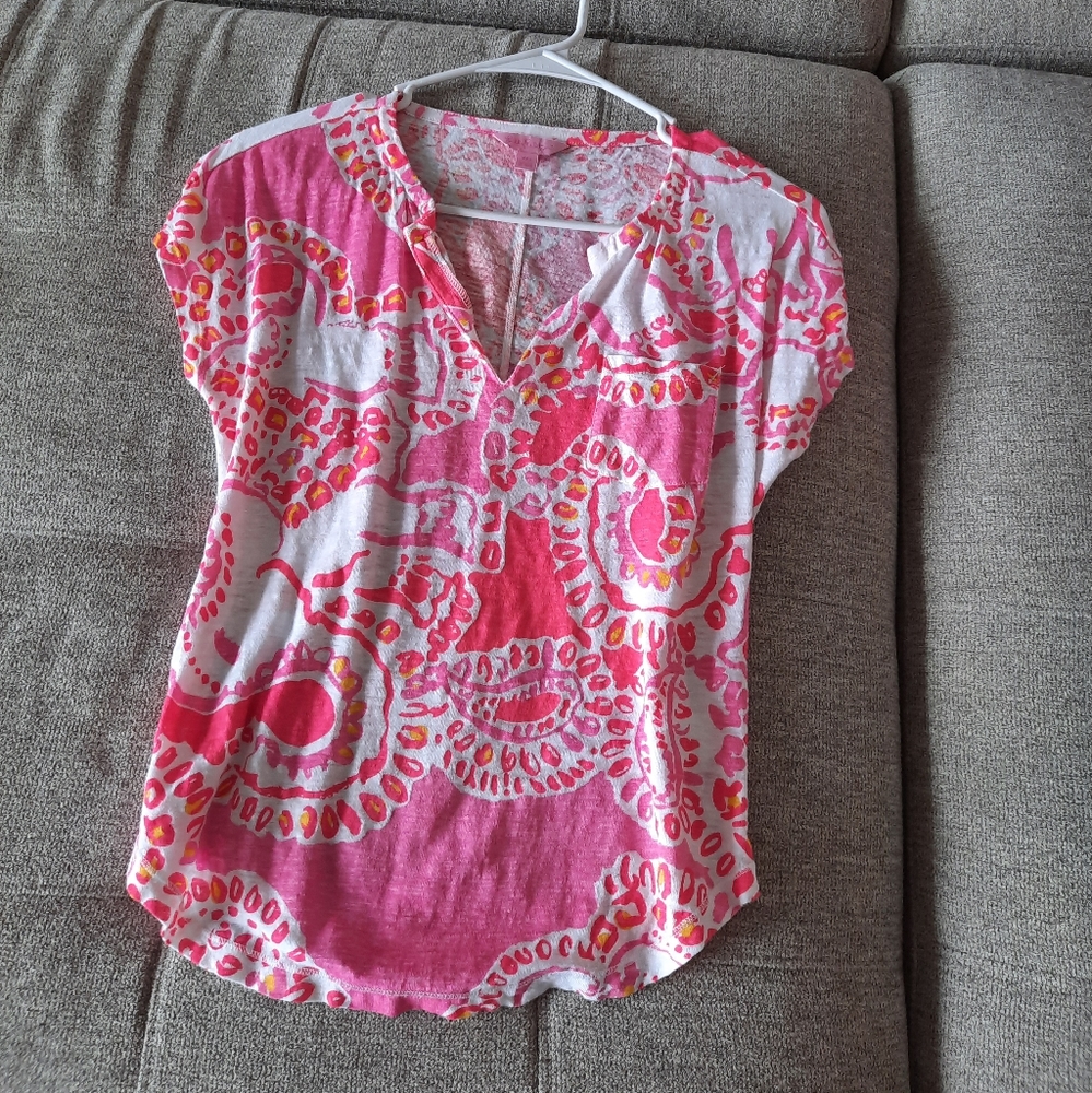 Lilly Pulitzer XXS V-neck Linen Short Sleeve Shirt Trunk in Love EUC